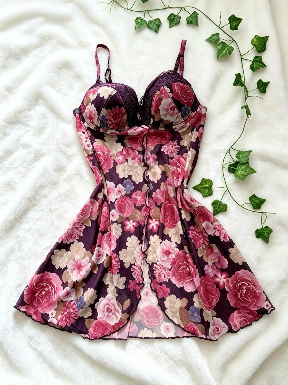 Dreamy Coquette Vintage-Style Floral Sheer Lingerie Chemise / Babydoll Top